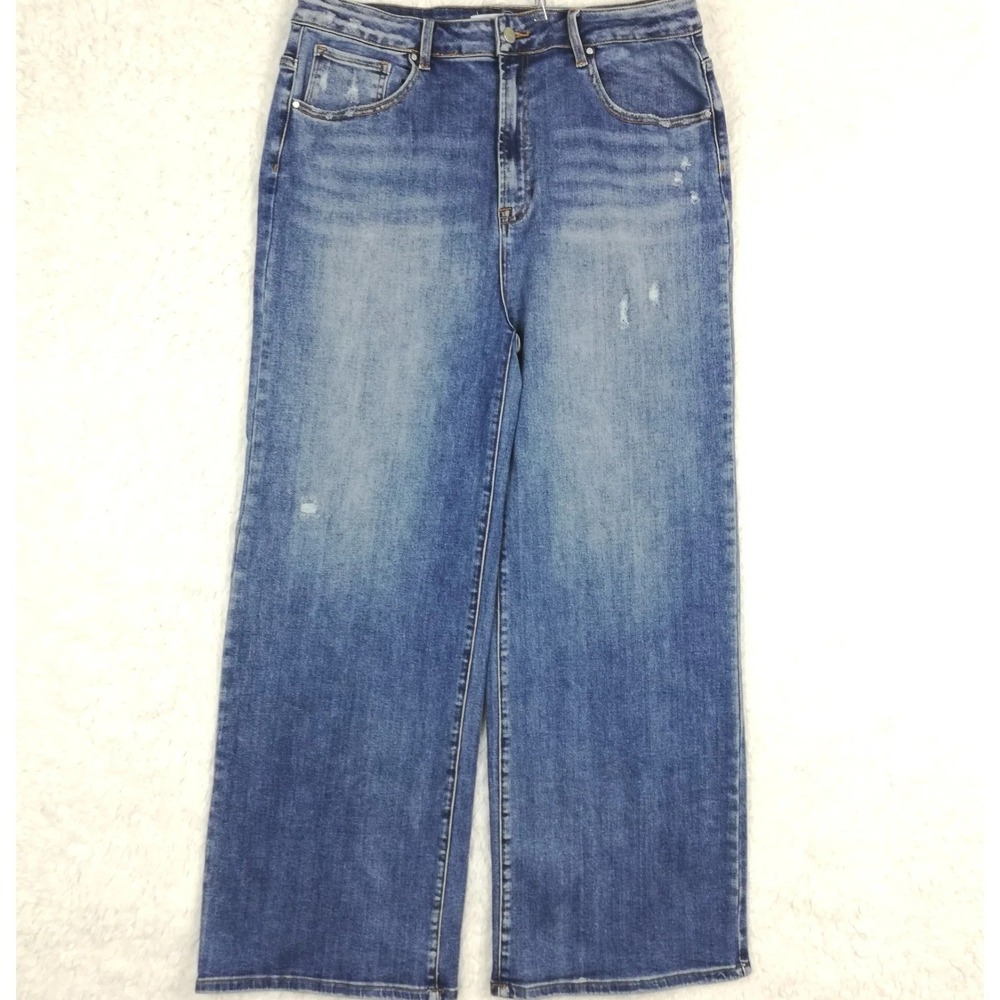 Risen Womens Jeans‎ Wide Leg Blue Denim Distressed High Rise Whiskering Plus 2XL